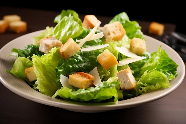 Caesar-Salat Ein Teller Caesar-Salat mit Croutons darauf