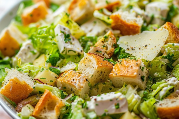 Caesar-Salat mit Kräutern und Käse in Nahaufnahme