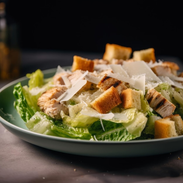 Caesar-Salat mit perfekt gegrilltem Hühnchen, knusprigen Croutons und frisch geriebenem Parmesan-Käse