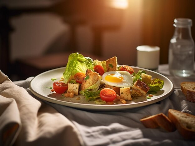 Caesar-Salat mit Wachteleiern, Kirschtomaten, Parmesankäse und gegrilltem Hähnchen in generativer KI