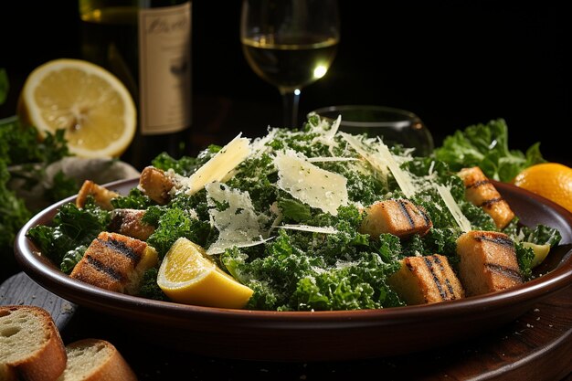 Caesarsalat mit einem Beilage gealterten Weins