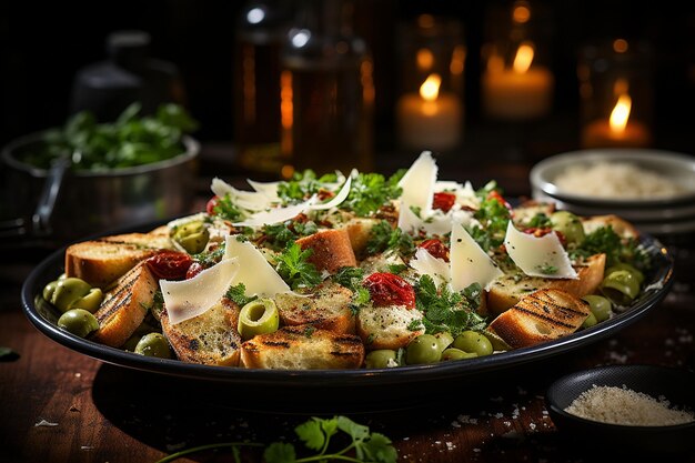 Caesarsalat mit einer Seite aus Gourmet-Oliven