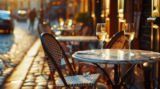 Café à noite na mesa da rua com dois copos de vinho branco