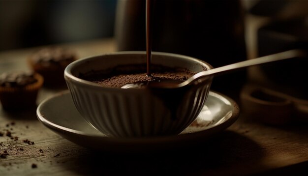 Café acabado de fazer em caneca de madeira rústica gerada por inteligência artificial