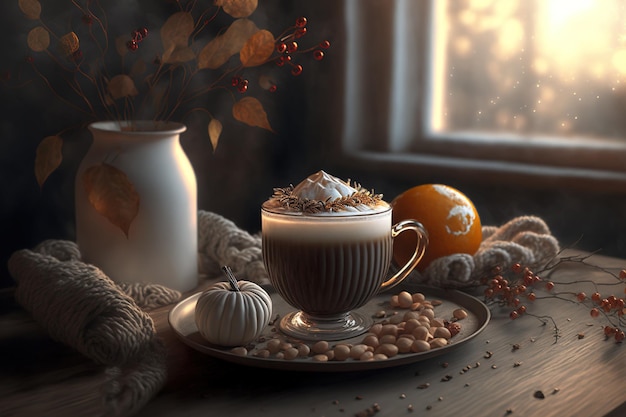 Un café en un ambiente cálido con decoración de temporada