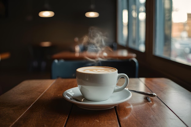 Café ambiente xícara de café em mesa de madeira em atmosfera aconchegante