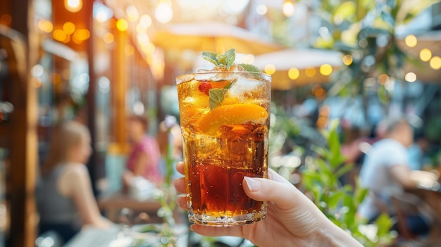 Café ao ar livre com as mãos segurando um copo de chá gelado refrescante