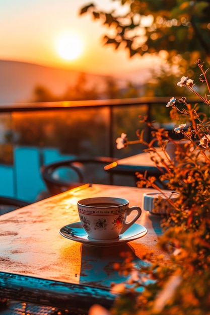 Foto café ao nascer do sol no terraço de um hotel