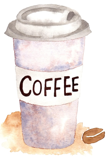 Café aquarelado em uma xícara de papelão café para tomar café da manhã lanche Ilustração feita por mãos localizada em um fundo branco