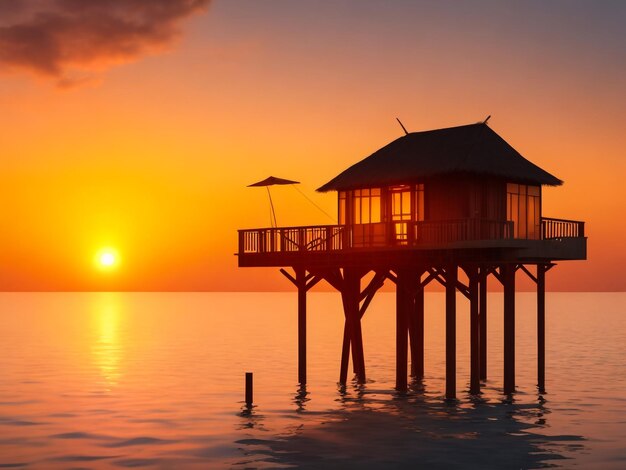 Café aquático ao pôr-do-sol Maldivas fundo de férias