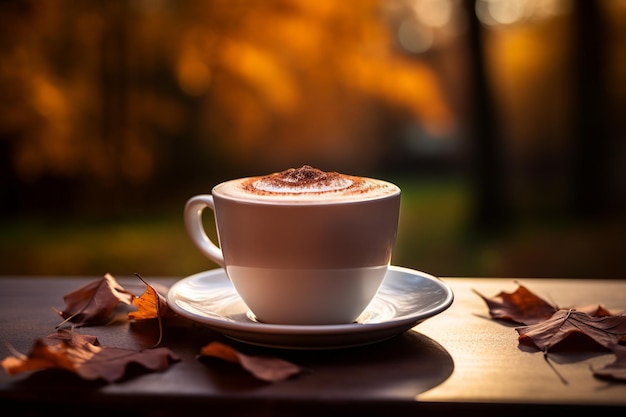 El café de la armonía de otoño con hermosa crema en medio del follaje de otoño