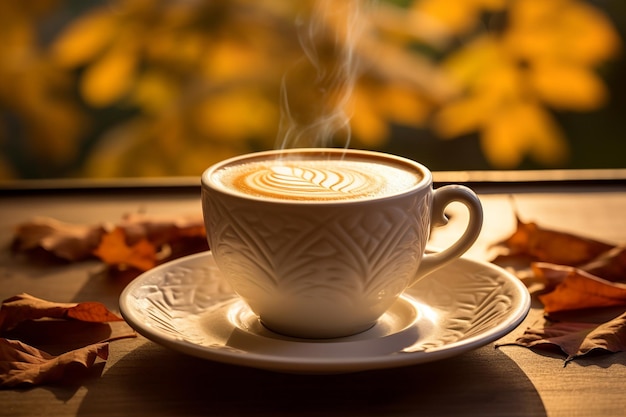 El café de la armonía de otoño con hermosa crema en medio del follaje de otoño