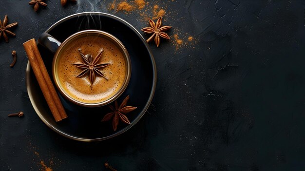 Café aromático con canela y anís estrella en un fondo oscuro perfecto para una noche acogedora fotografía de comida con estilo AI