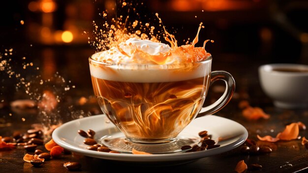 Café aromático espalhado num copo de cappuccino