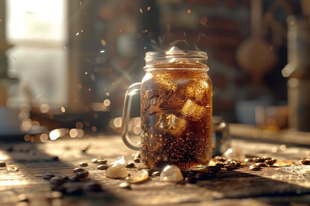 Café artesanal frio servido num frasco de maçonaria