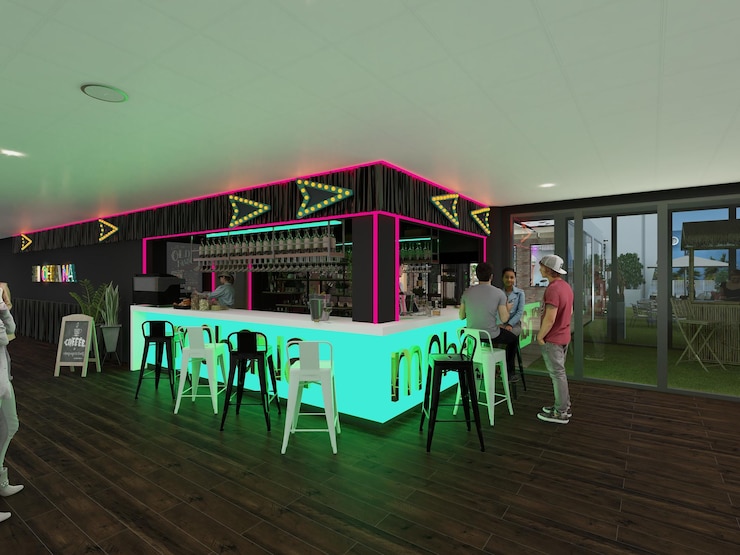 Foto cafe bar de estilo industrial con barra y taburetes