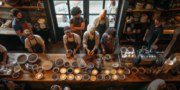 Café, bar, mostrador, café, restaurante, concepto de relajación, gente haciendo un taller en una acogedora cafetería.