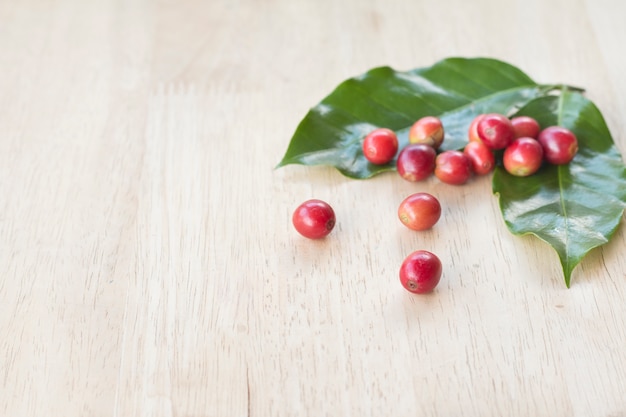 café baya y granos de café en el panel de madera