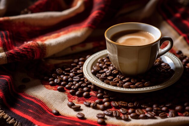 Café Beber em uma xícara e grãos de café Café natureza morta