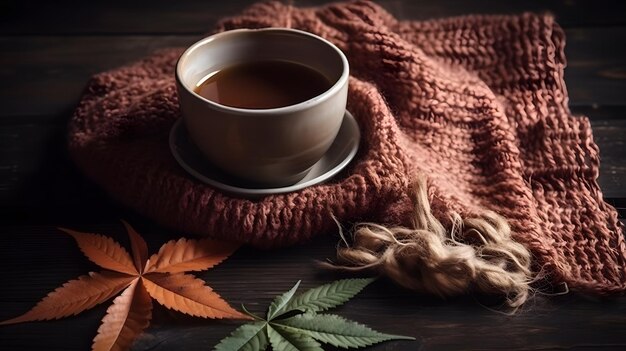 Café y bufanda en una mesa AI generativa de hojas de cannabis