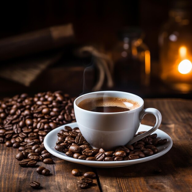 Café caliente expreso y granos de café tostados en un mostrador de madera con un fondo oscuro con una luz