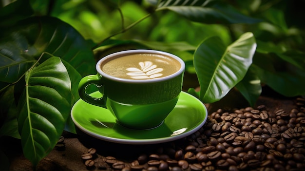 Café caliente en una jungla verde con follaje exuberante y plantas tropicales