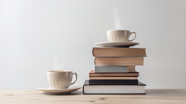 Café caliente con libros sobre fondo de educación de conocimiento de mesa DÍA MUNDIAL DEL LIBRO Y DERECHOS DE AUTOR