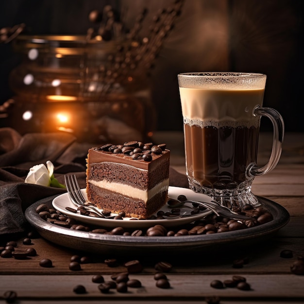 Café caliente y una rebanada de pastel de mousse de chocolate crudo con pastel de chocolate de caju y café en la mesa