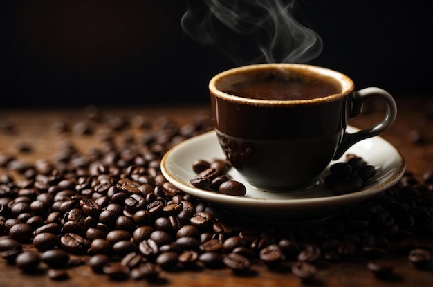 Foto café caliente rodeado de granos de café