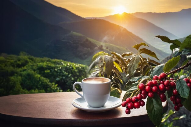 café caliente en taza blanca en la mesa con frijoles rojos y plantaciones al amanecer