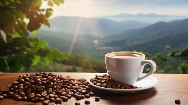 Café caliente en una taza de café blanca y muchos granos de café colocados alrededor de una mesa de madera con un telón de fondo de vistas a las altas montañas por la mañana