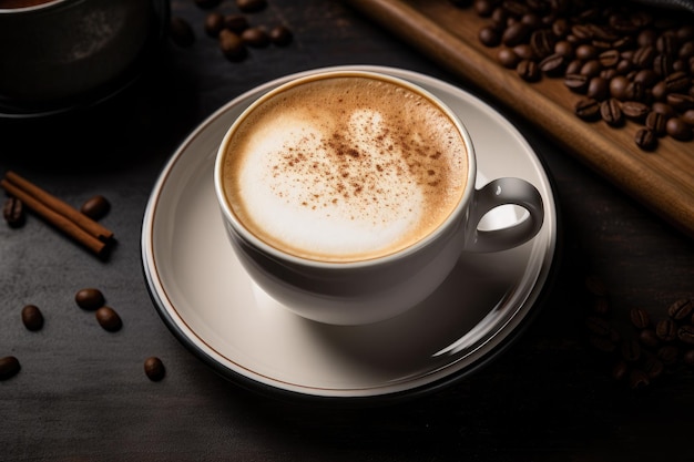 Café caliente en taza con crema sobre mesa de madera rústica