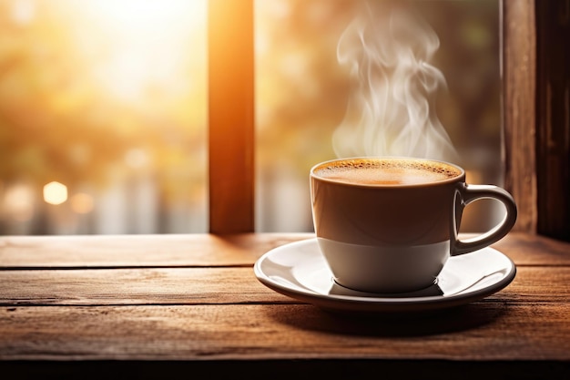 Café caliente en taza en una mesa de madera rústica y fondo claro