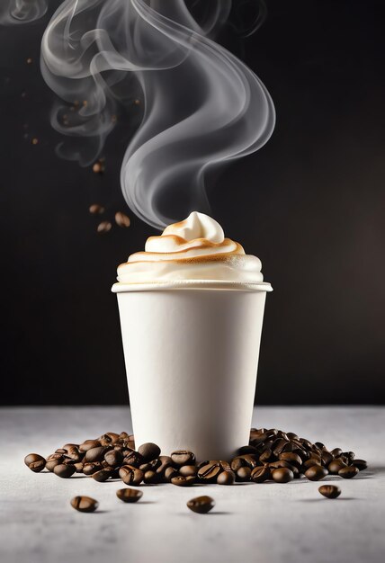 un café caliente con una taza de papel en blanco con decoración de granos de café