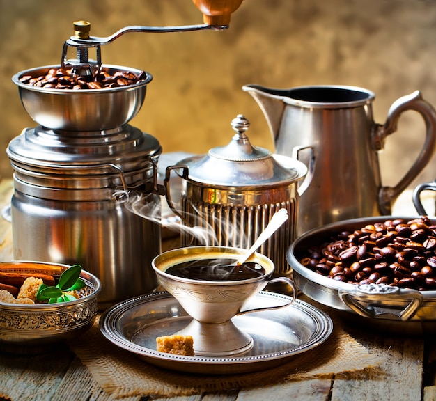 Café caliente en una taza sobre un fondo antiguo