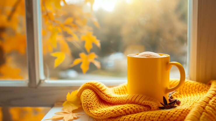 Café caliente en una tela de punto amarilla se encuentra en un alféizar de la ventana contra el fondo de una calle de otoño paisaje copia espacio de alta calidad