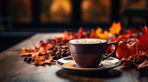 Café caliente de temporada de otoño y otoño con hoja de arce falsa sobre mesa de madera