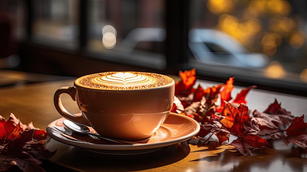 Café caliente de temporada de otoño y otoño con hoja de arce falsa sobre mesa de madera