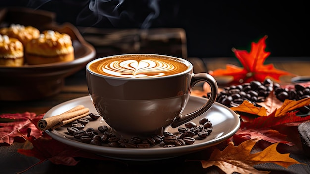 Café caliente de temporada de otoño y otoño con hoja de arce falsa sobre mesa de madera