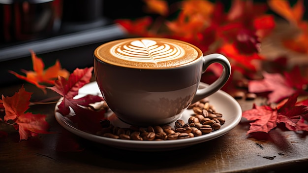 Café caliente de temporada de otoño y otoño con hoja de arce falsa sobre mesa de madera