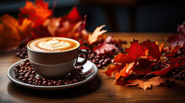 Café caliente de temporada de otoño y otoño con hoja de arce falsa sobre mesa de madera