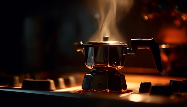 El café caliente se vaporiza en la estufa listo para la comida de la mañana generado por IA