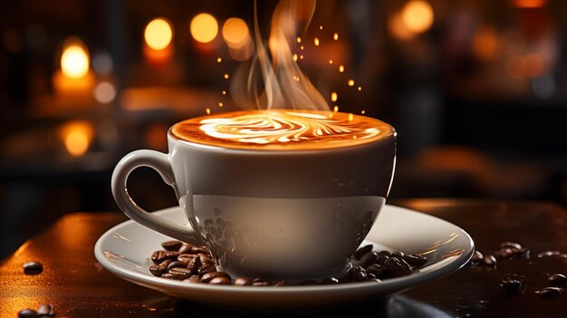 Foto el café caliente se vierte en una taza de café en un fondo borroso de mesa