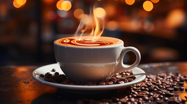 Foto el café caliente se vierte en una taza de café en un fondo borroso de mesa