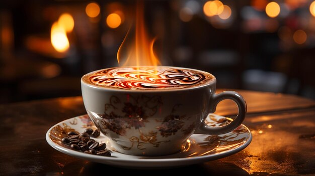 Foto el café caliente se vierte en una taza de café en un fondo borroso de mesa