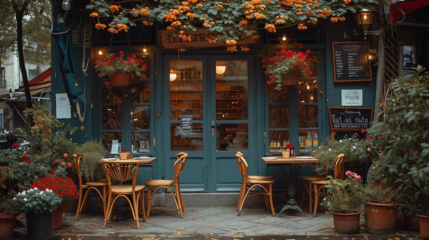 Café en la calle con flores AI genera ilustración