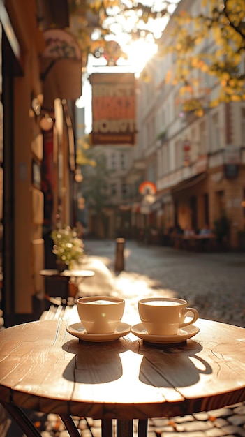 Foto café callejero en europa dos tazas de café en una mesa antigua