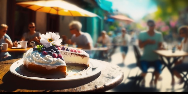 café callejero de verano, decoración de flores en fila, taza de café y pastel, silueta de personas