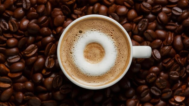 Foto el café capuchino, la espuma de leche y los granos de café, vista de arriba