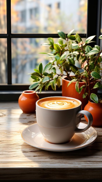 Café capuchino en una mesa en un café moderno Primer plano de una taza de café blanca con un platillo